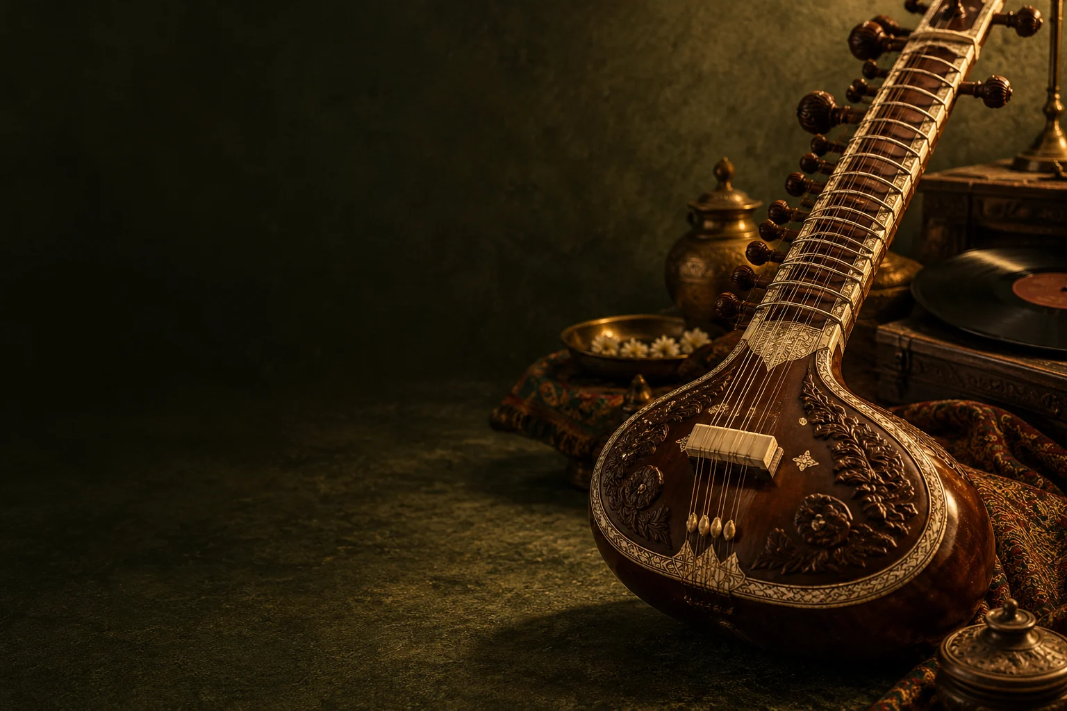 An intricately carved sitar in warm evening light